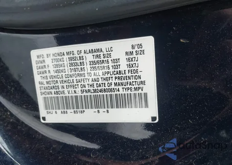 2006 Honda Odyssey Lx z USA, uszkodzony, nr VIN 5FNRL38246B006514